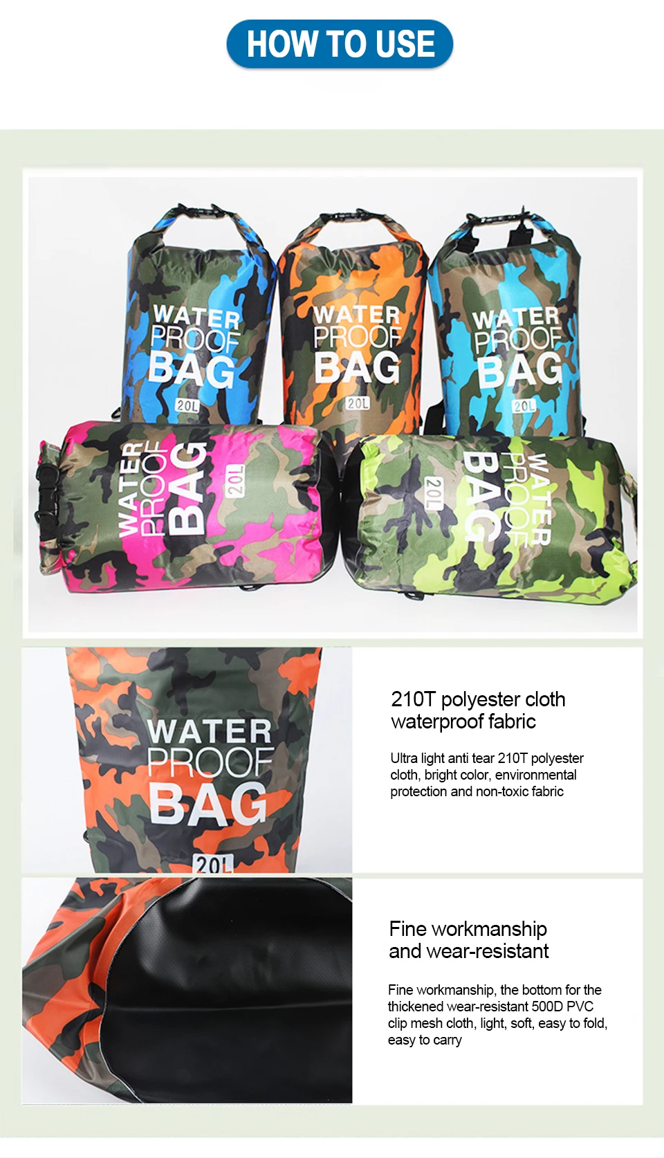 2/5/10/15/30L Outdoor Camouflage Wasserdichte Trockentaschen Tragbare Rafting Tauchen Trockentasche Sack PVC Schwimmtaschen für Flusstrekking – Detail 8