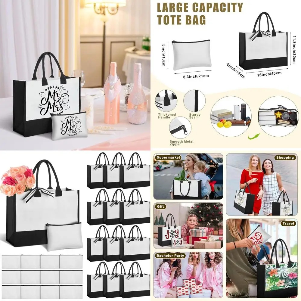 

24-Piece Canvas Tote Bags Set with Initials, Reusable for Women, Perfect for Makeup, Gifts, Shopping, and Weddings, Black White