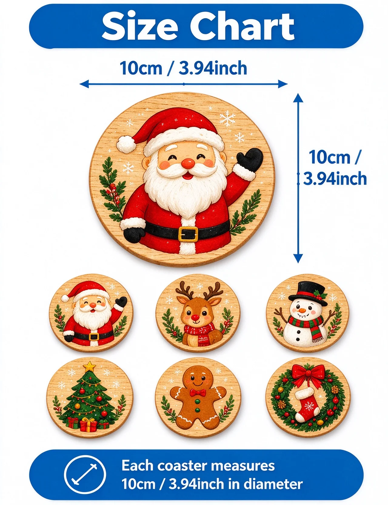6pcs Christmas wooden coasters, Christmas reindeer snowman Christmas tree design, coffee table, family holiday table decoration