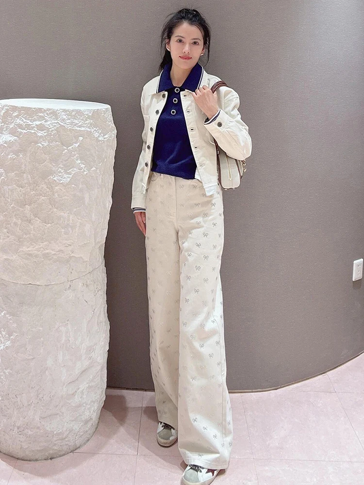 

High Waist Wide Leg Straight Jeans Women's Spring Faion Diamond Knot Casual Pure Color Denim Trousers