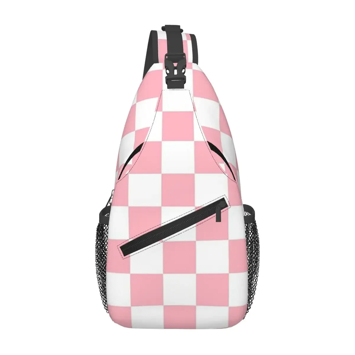 

Pink White Checkerboard Pattern Chest Bag Men Sling Crossbody Backpack Chest Bag Traveling Hiking Daypack Shoulder Bag