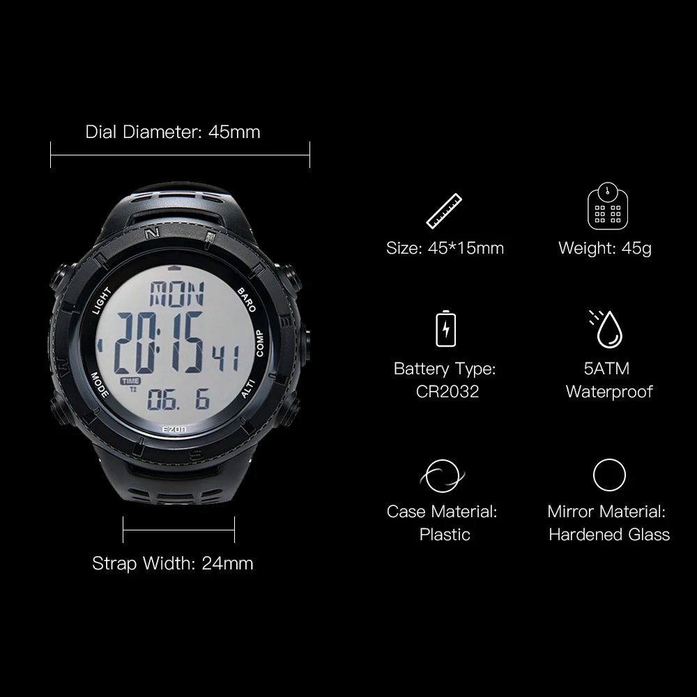 EZON H001H11 Men\'s Outdoor Sport Digital Watches Running Swimming with Altimeter Barometer Compass 50M Waterproof