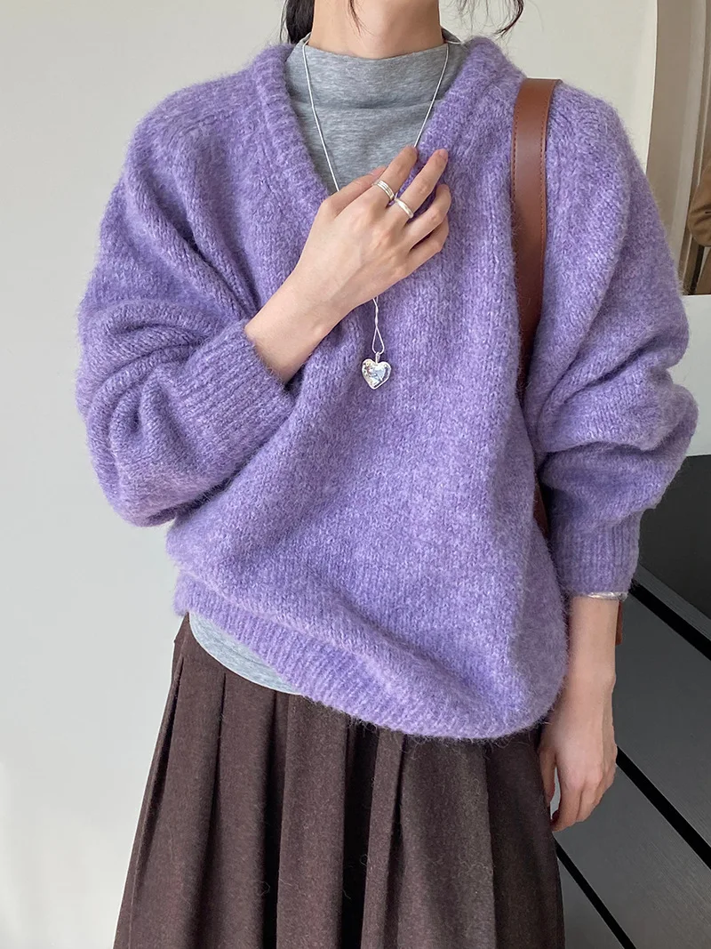 UMI MAO blanqueamiento nórdico azul estilo coreano Casual Otoño Invierno estilo perezoso suéter suelto cuello pico Top de punto vestidos para mujeres