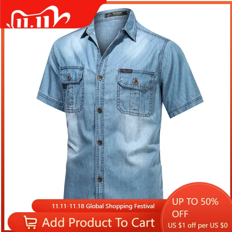 Men Short Sleeve Denim Shirts Multi pockets Tooling Shirts New Summer Blue Jeans Shirts High Quality Men Cotton Casual Shirts 3