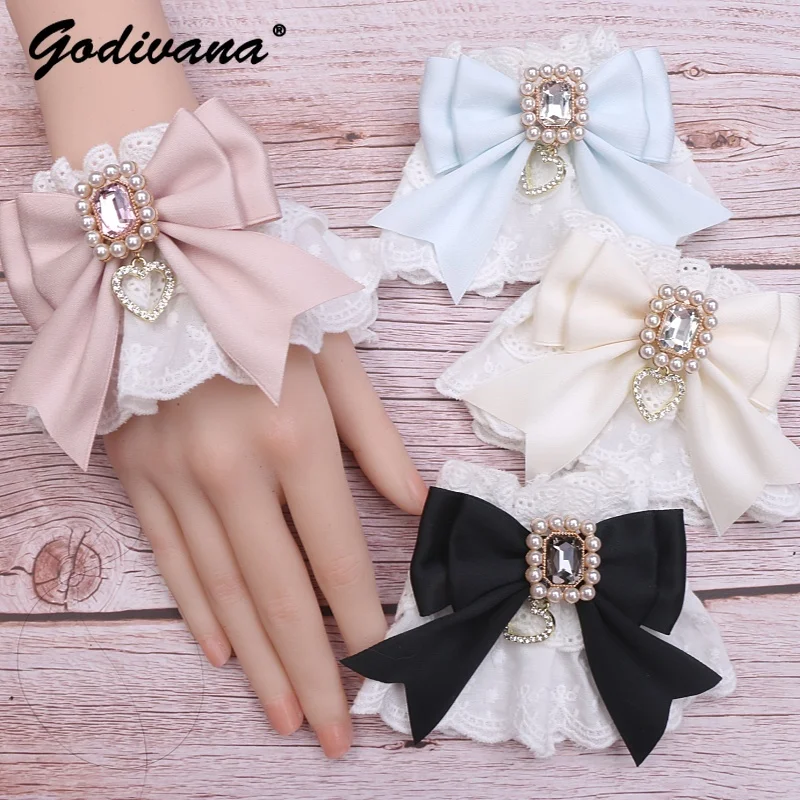 Handmade Mine Sweet Cute Embroidered Cotton Lace Bow Rhinestone Oversleeves Lolita Girl Women Cosplay Lo Oversleeves