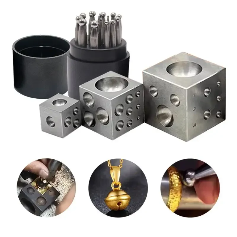 Bloco de Dapping de Aço Quadrado Morrer Cubo de Dapping de Aço 17 Peças Kit de Perfuração Côncava Semicircular de Círculo Redondo 1.5