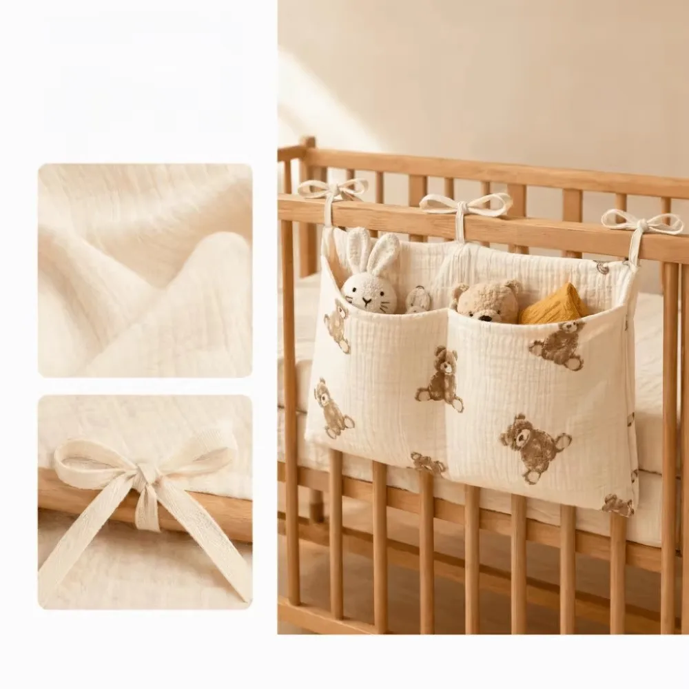 Double-Layer Children's Storage Bag Foldable Double Pocket Baby Crib Hanging Bag Portable Pure Cotton Stroller Diaper Organizer