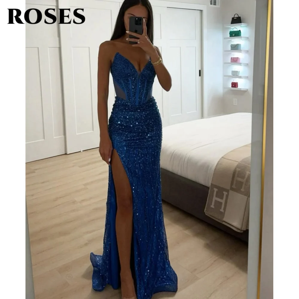 ROSES Navy Blue Sexy Prom Dresses V-Neck Hollow Prom Gown with Fishbone Shiny Sequins Side Split Formal Gown 프롬 드레스 Customized