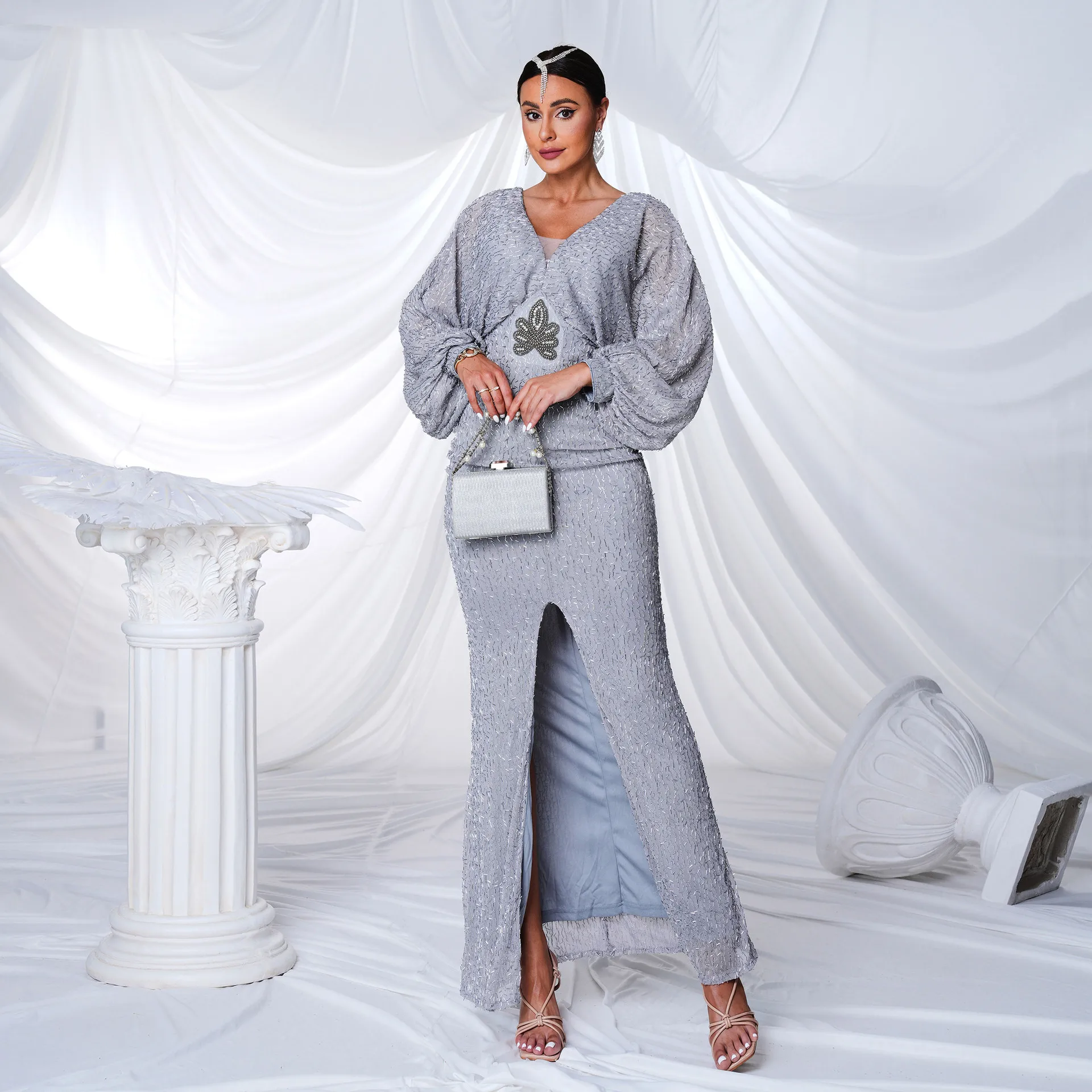 

Temperament Sexy Long Sequin Long Sleeve V-Neck Banquet Split Evening Dress Bridesmaid Dresses Women dance costume