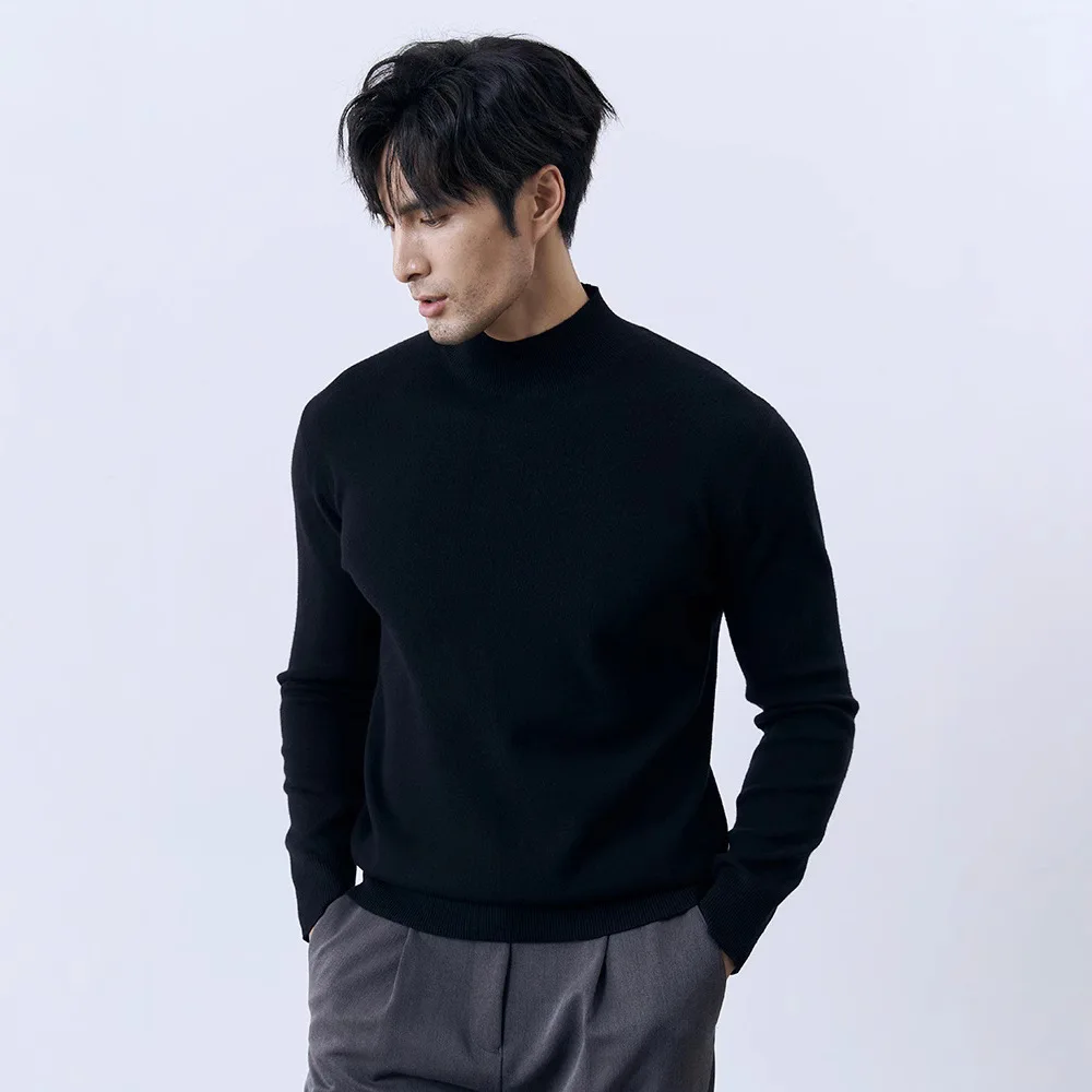 Suéter cómodo y cálido de punto con medio cuello alto para hombre, jersey informal de negocios de manga larga elástico ajustado