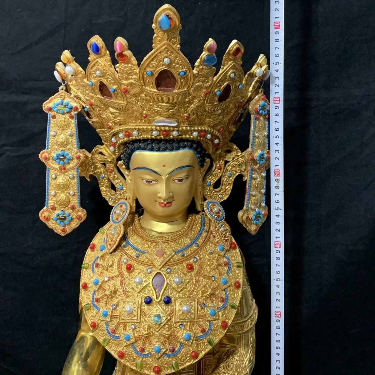 70 cm Awakening Buddha pure copper gilt hand-inlaid gemstone Buddha statue two feet high Tibetan home full of fine Buddha