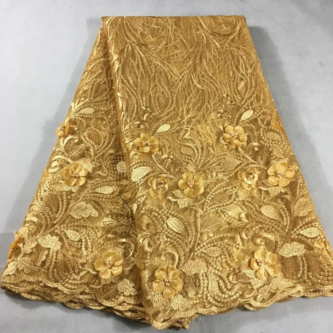 Gold African Lace Fabric 2023 Embroidered Nigerian Wedding Lace Fabric High Quality French Tulle Lace Fabric Beads Stones LHX11D