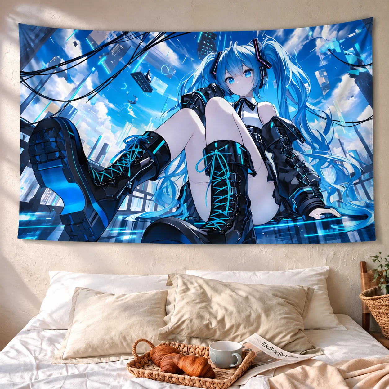 Anime Tapestry Cyberpunk Futuristic City Wall Hanging Aesthetic Bedroom Dorm Room Decor Background Cloth Vocaloid Otaku Home Art