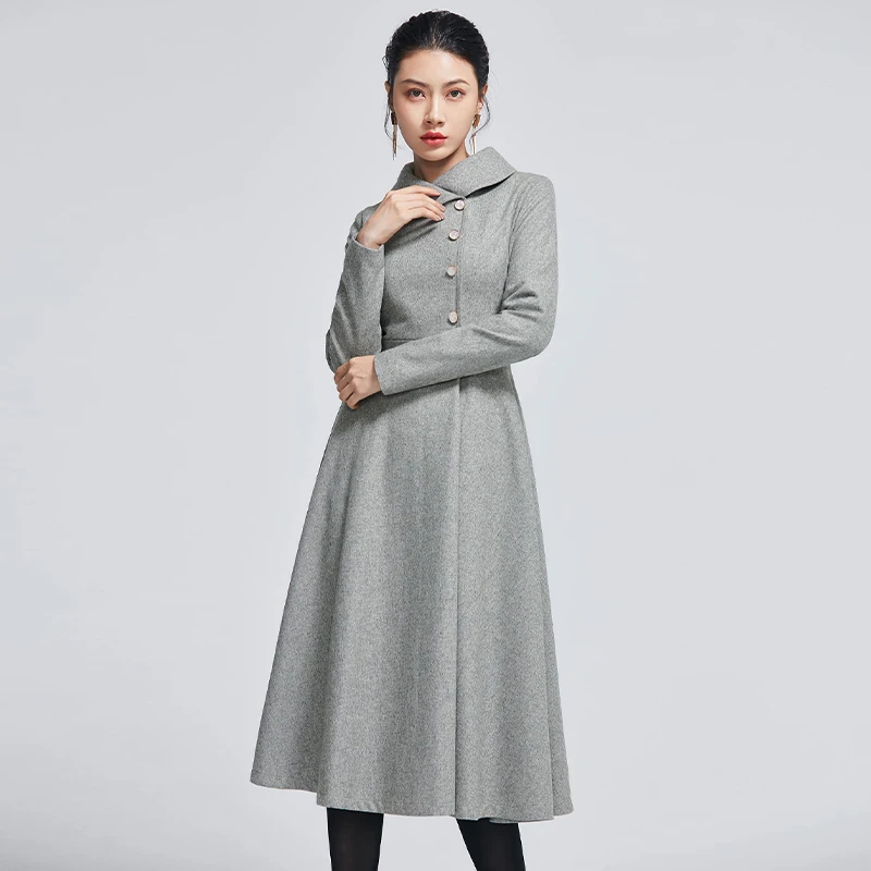 

2026 Spring/Autumn Fashion: Grey Stand-Collar Woolen Tweed Dress – Slim Fit, Flattering Long Dress with Back Zipper
