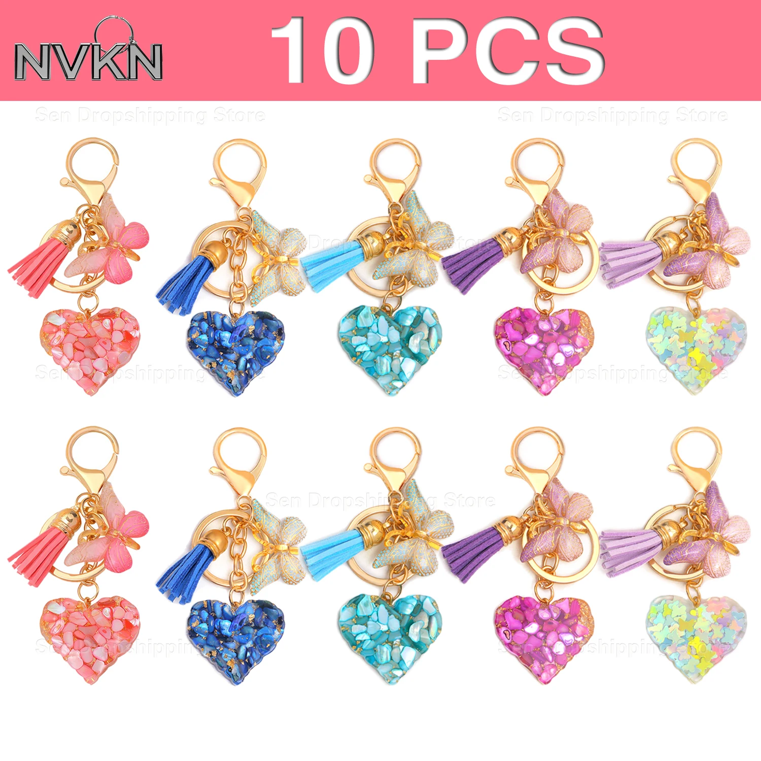 

10Pcs Keychain with heart pendant and butterfly tassel, cute keychain for ladies and girls,Car accessories souvenirs