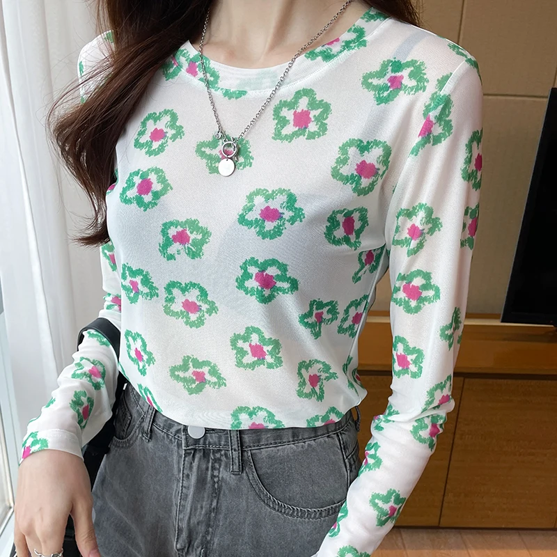 Women T Shirt Semi-Transparent Mesh Tops Long Sleeve Female O Neck Printed Flowers T-Shirt Top