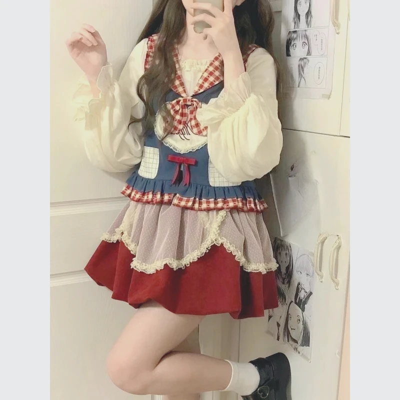 

2025 New Spring Bubble Sleeve Long Sleeve Shirt Splicing Vest Skirt Cute Sweet Wind Waist Skinny Women's Three-piece Set