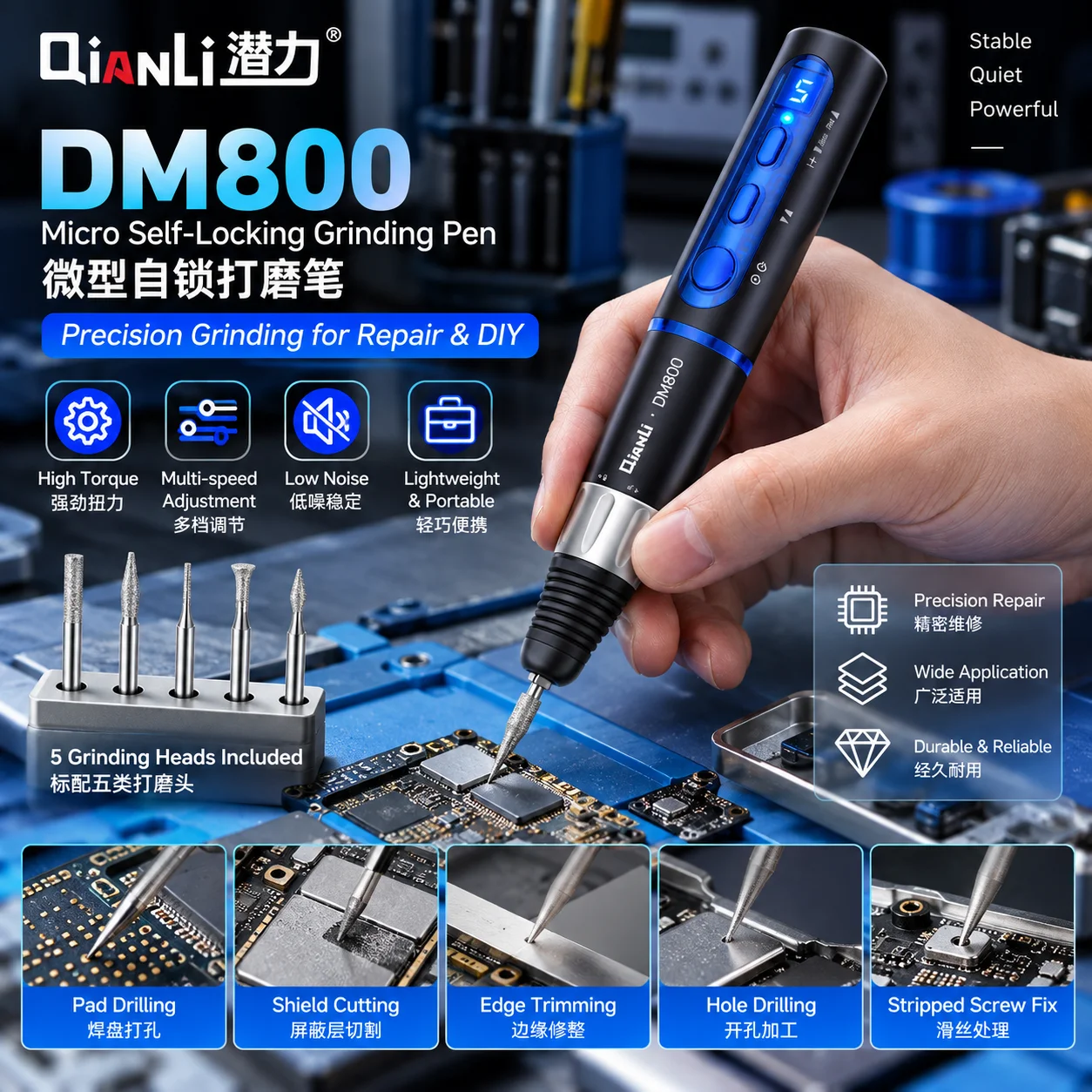 QIANLI DM800 Micro Self Locking Electric Grinding Pen 5 Speed High Torque Tool for Phone IC PCB Cutting Polishing Repair Tool