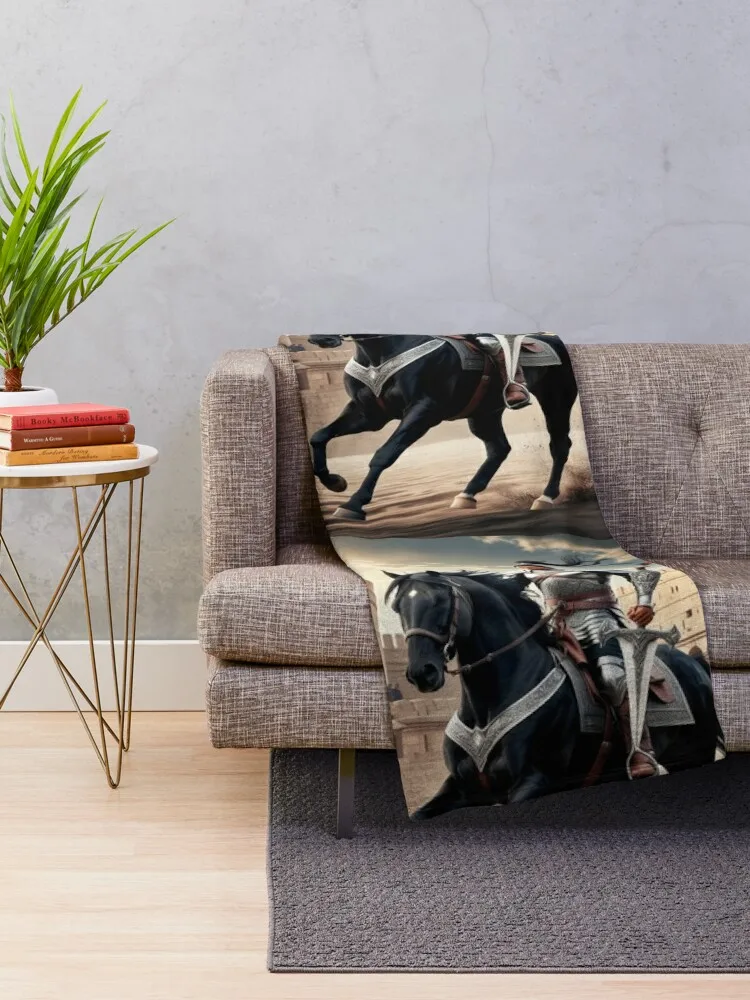 Majestic Black Horse Warrior: Epic Fort Battle T-Shirt Design Throw Blanket Camping Tourist Beach Multi-Purpose Blankets