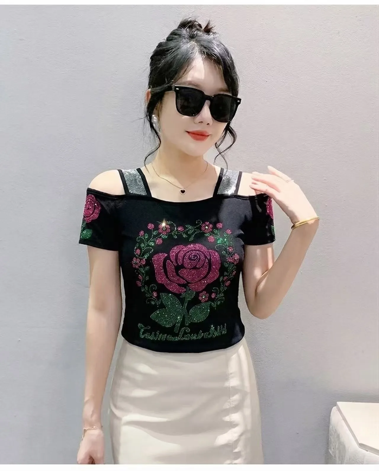 New Designer Hot Diamond Mesh T-Shirt Women Korean Style Sexy Off Shoulder Slim Tee Summer Casual Streetwear Tops
