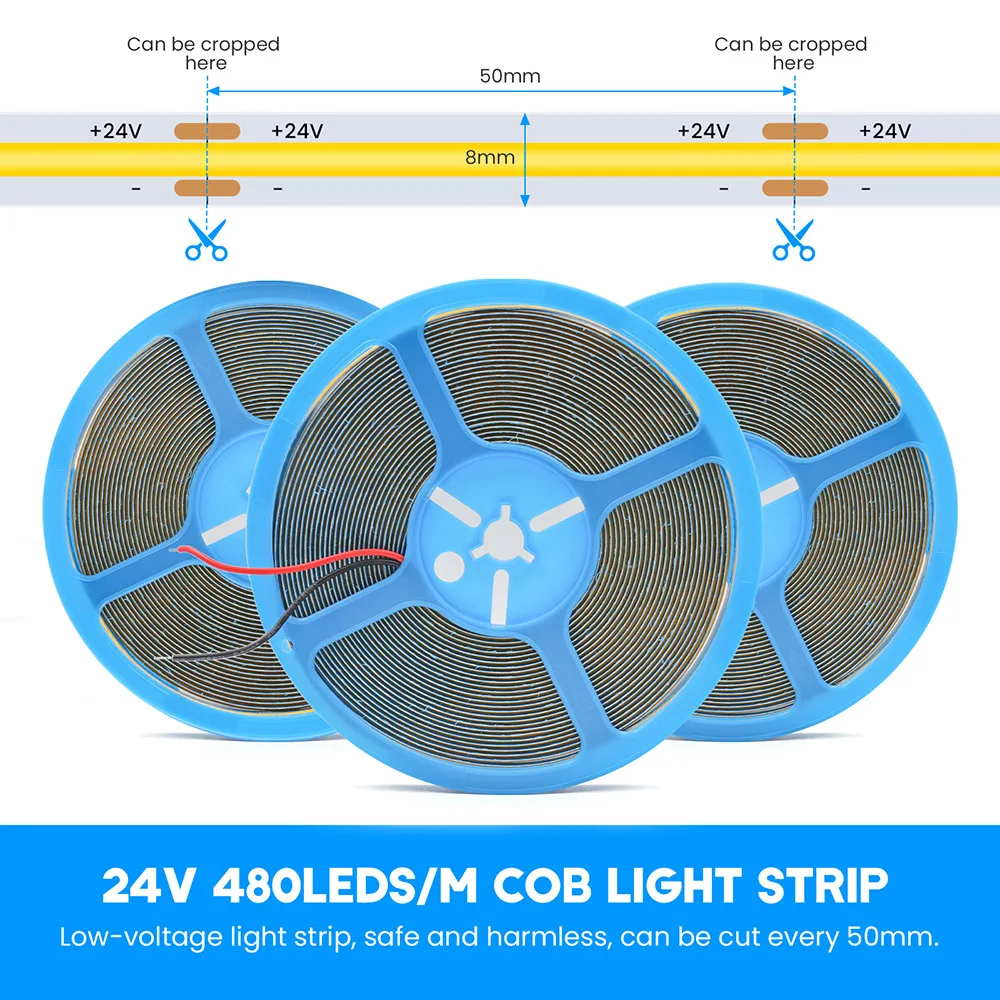 12V 24V COB LED Strip Light 320 480 LEDs High Density Linear Lighting High Bright Flexible Lamp for Home Kitchen Bar Decortion