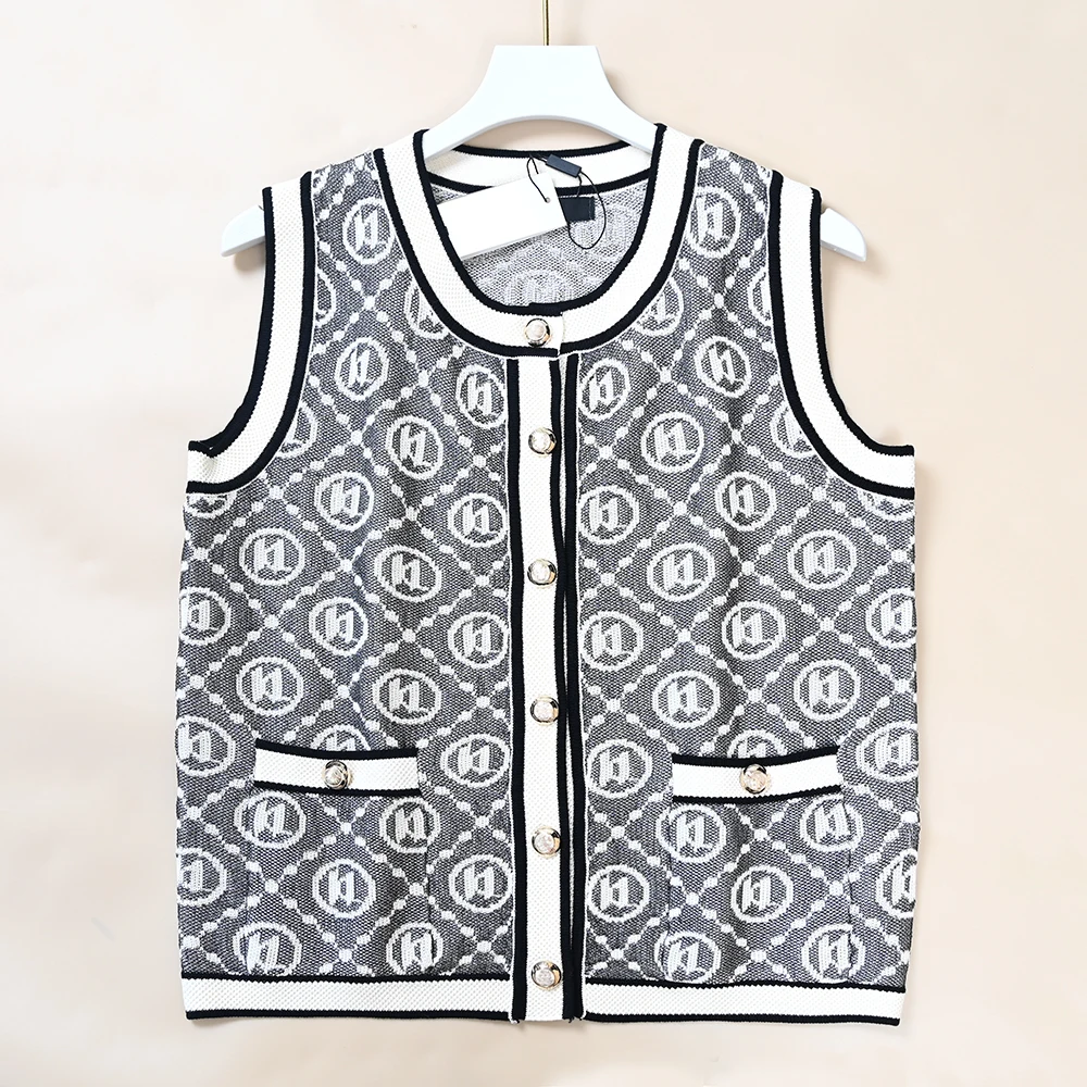 American Style Slim Fit Knitted Jacket Women's Short round Neck Letter Pattern Color Block Collar Button up Top