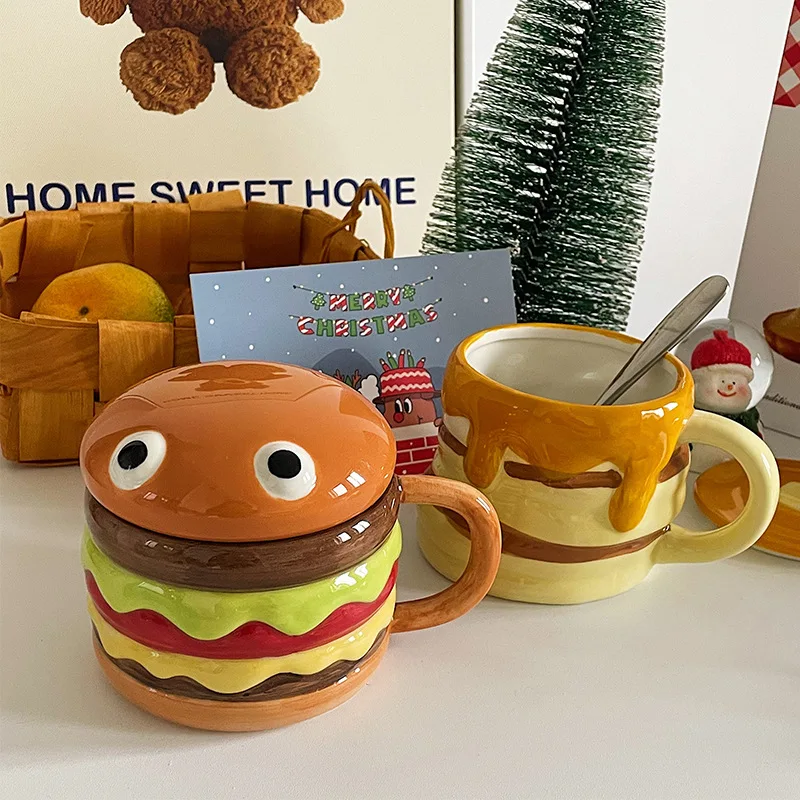 

300ml Ceramic Cup Creative Hamburger Coffee Cup Cute Cartoon Children's Mug Breakfast Oatmeal Milk Cups with Lid Home Cups