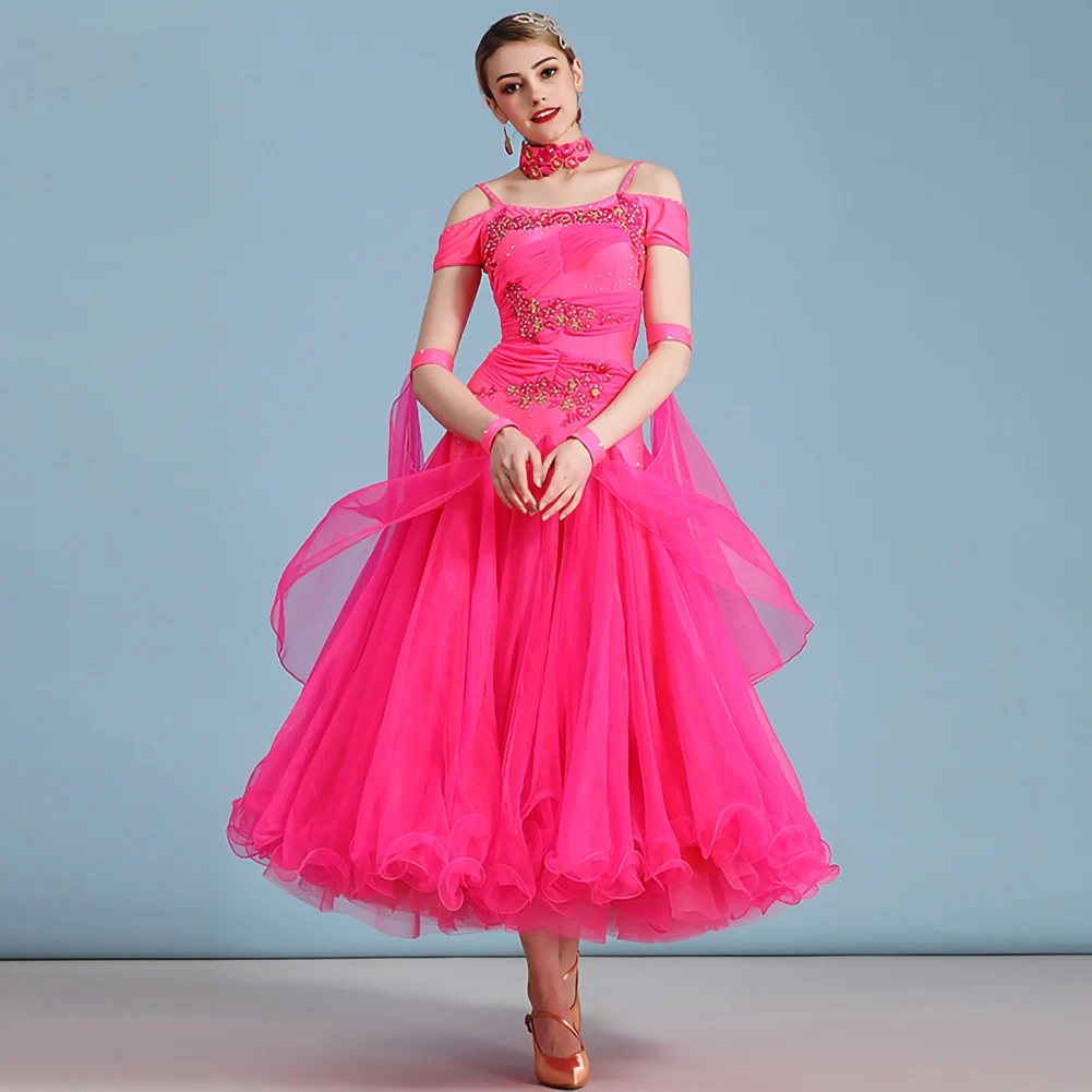 Modern Waltz Dress Lake Blue White Dance Wear New Rose Red Mesh Yellow Long Dresses Sling Pink Ribbon Ballroom Competition Stage