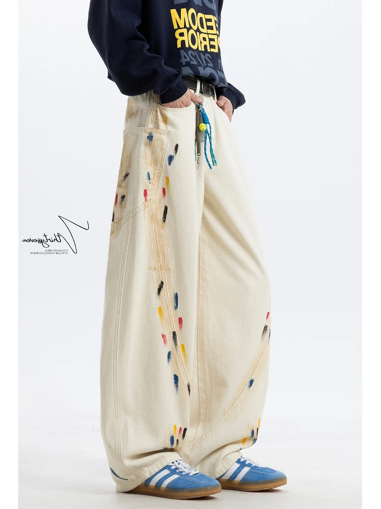 

Джинсы Fiti в американском стиле ретро, мужские свободные широкие длинные брюки, летняя повседневная одежда, дизайнерские удобные брюки свободного покроя