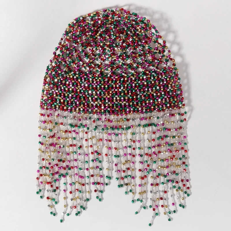 Hand-Woven Vintage Beaded Tassel Hair Net with Hollow-Out Mesh Cap Bridal Wedding Hairpiece Chain for Retro Hair Costume Party