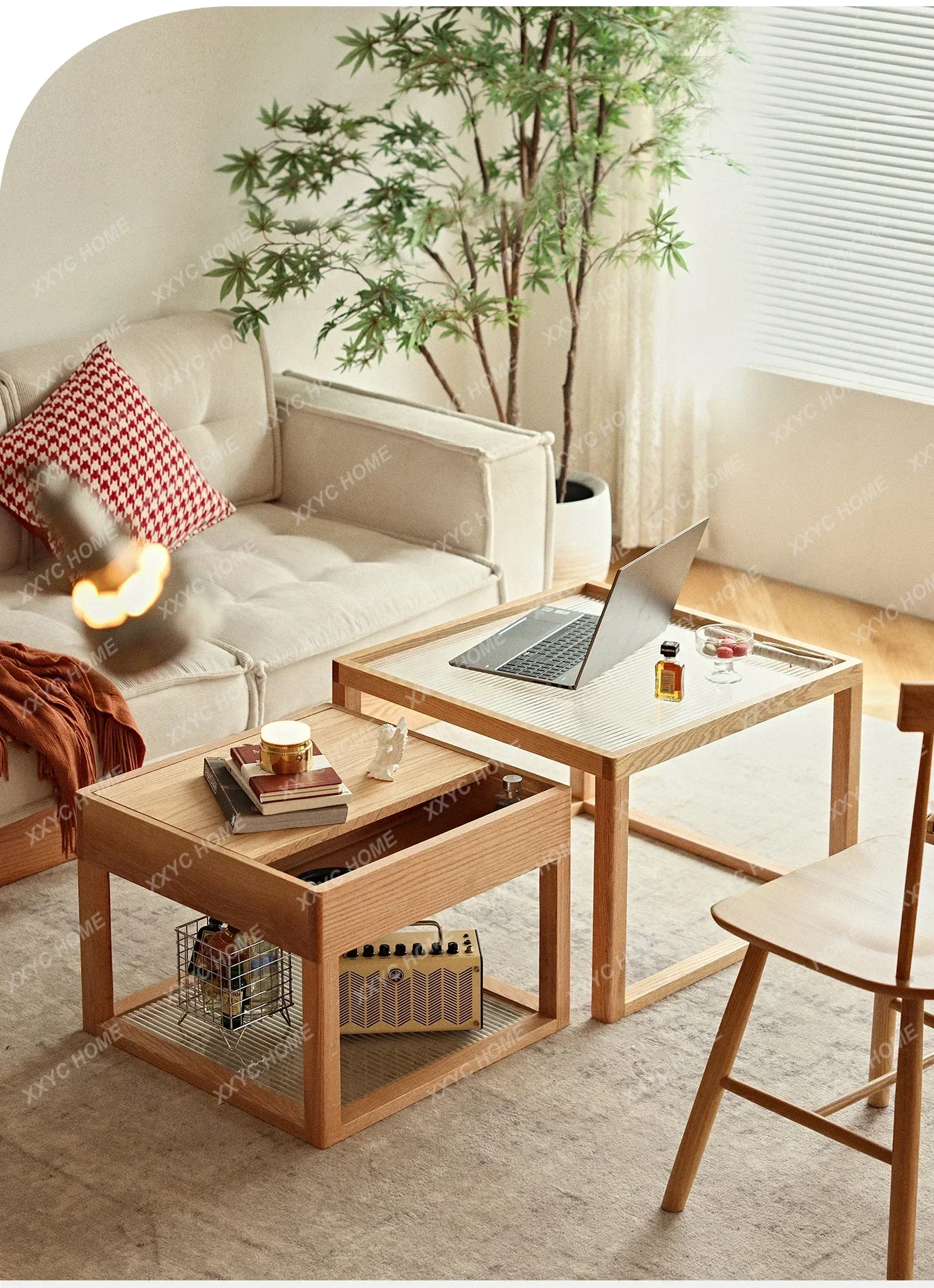 X-S  solid wood coffee table oak square  small side table living room log square coffee table combination HG