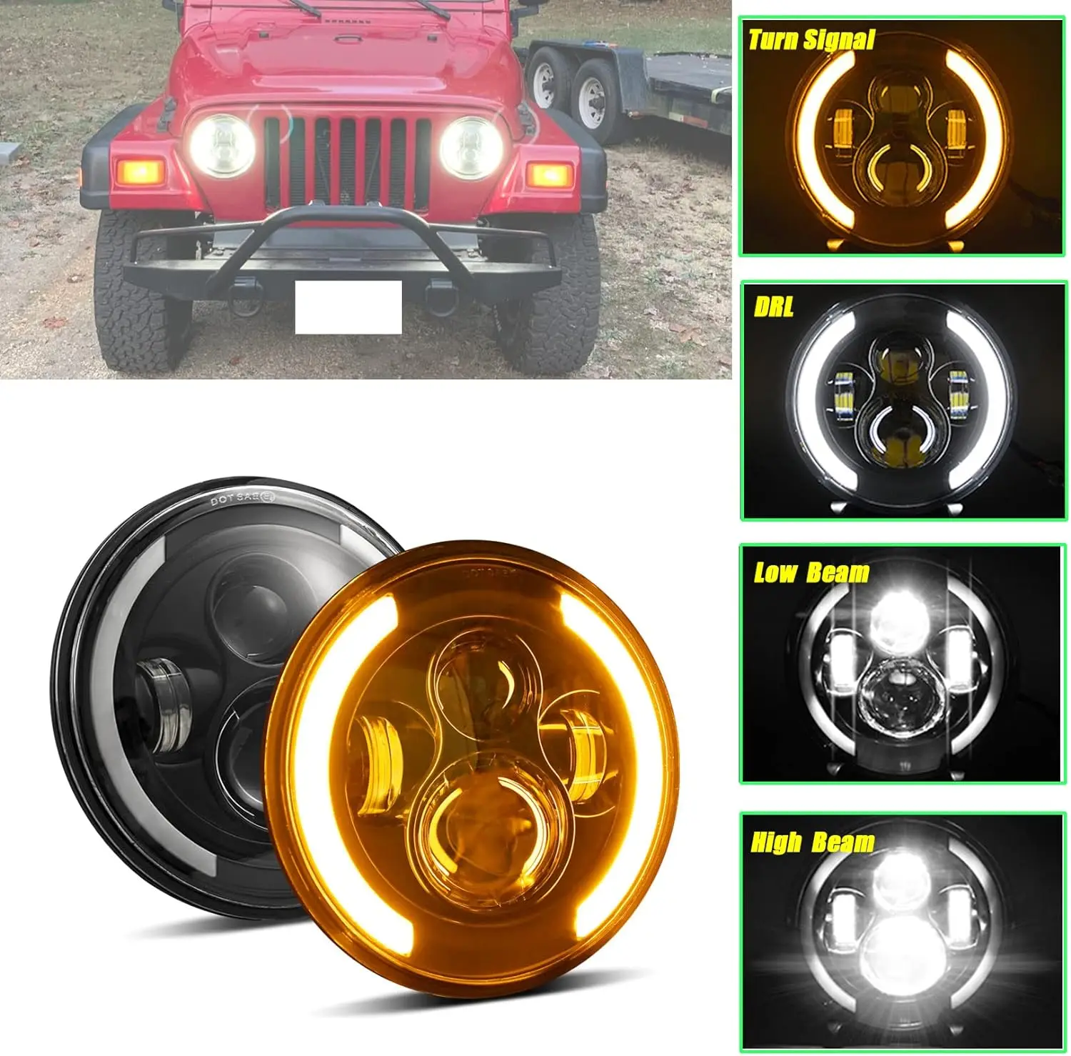 7 Inch LED Headlight for WranglerJK JKU LJ CJ TJ Universal Motorcycle Headlight Comes with H4 H13 Connector Crescent-shaped 2PCS