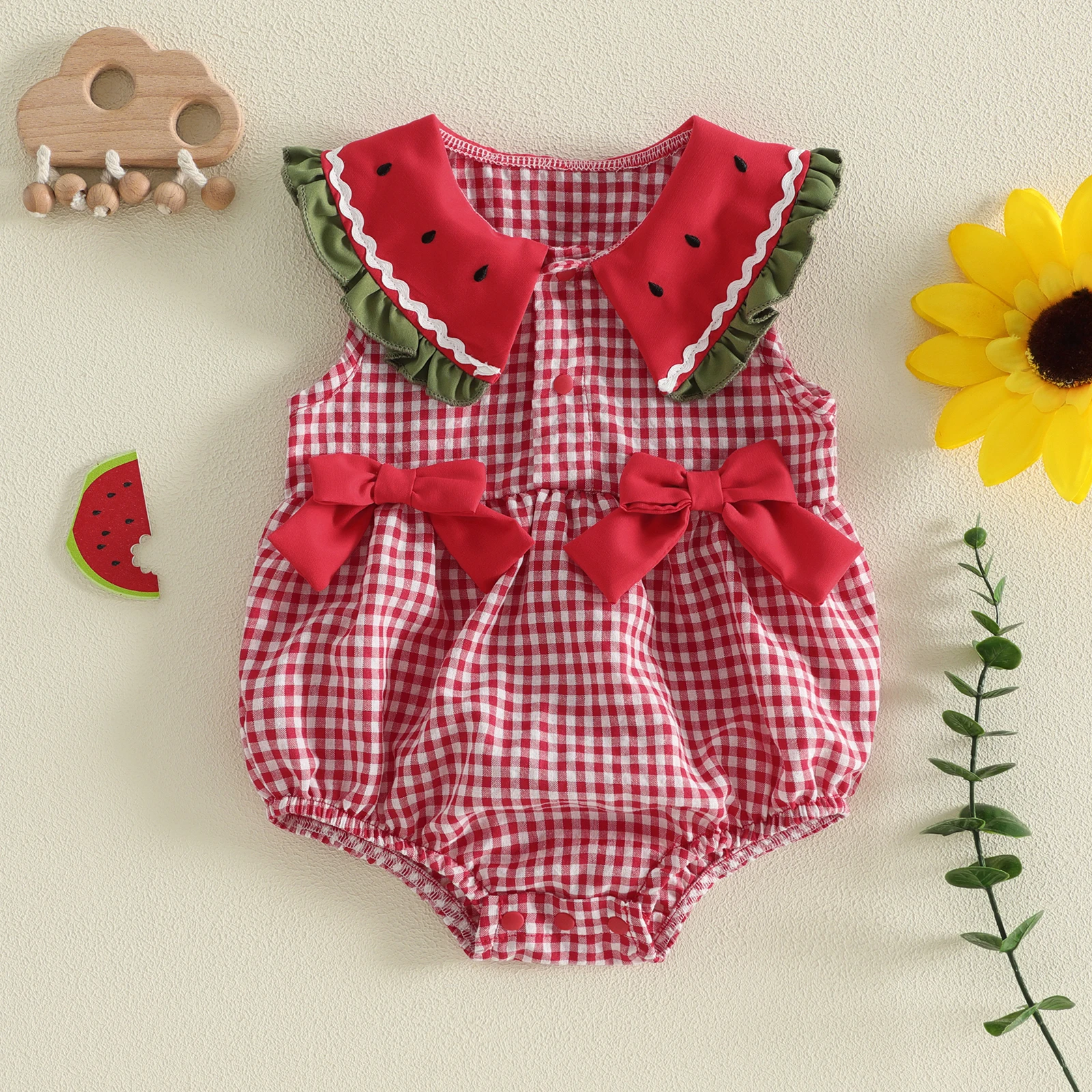 Newborn Baby Girl Strawberry Fly Sleeve Crochet Bubble Romper Summer Linen Outfit 0 3 6 9 12 Month