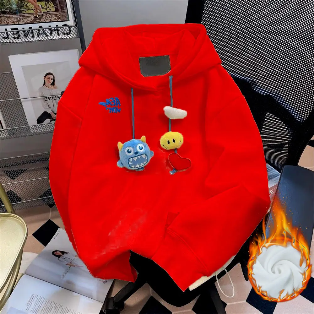 Winter plus velvet padded sweater women 2024 autumn and winter new hooded cartoon three-dimensional doll top loose coat