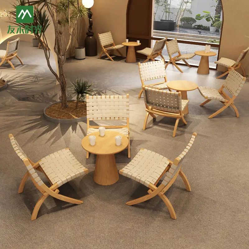 

Coffee shop woven rope solid wood chair dessert shop milk tea shop lounge area to discuss the reception table and chair combinat