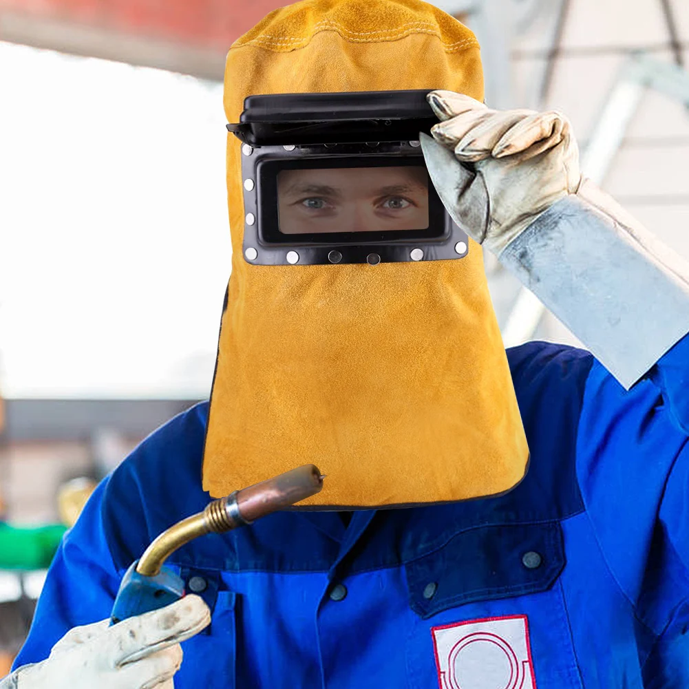 Leder-Schweißmaske, Argon-Lichtbogenschweißen, schützt vor starkem Licht, Schweißermaske, hitzebeständige, atmungsaktive Helmmaske mit Linse – Detail 8