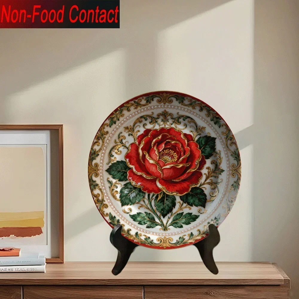 2D Flat, 2D Flat 2D 1pc Ceramic Decorative Plate, Red Rose Embossed Painting with Golden Border Pattern, Non-Consumable Pure