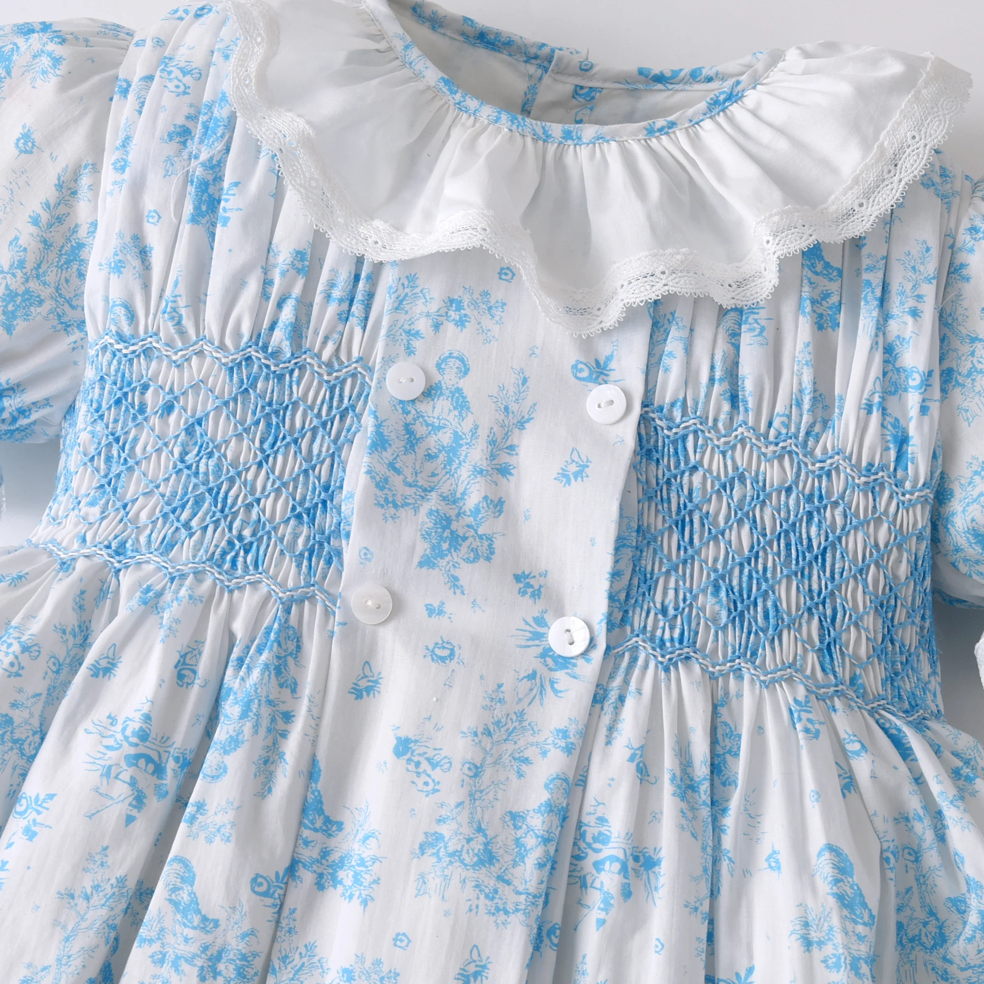 Boutique Smocked Puff Short Sleeve Kids Girls Dress Frill Lace Collar Summer Children Print Girl Dresses For Birthday Party