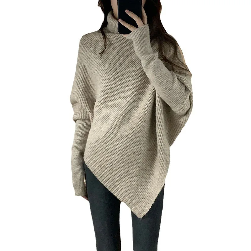 High Neck Knit Pullovers Women Fall Winter Korean Casual Loose Asymmetric Long Sleeve Sweater Tops 4 Colors