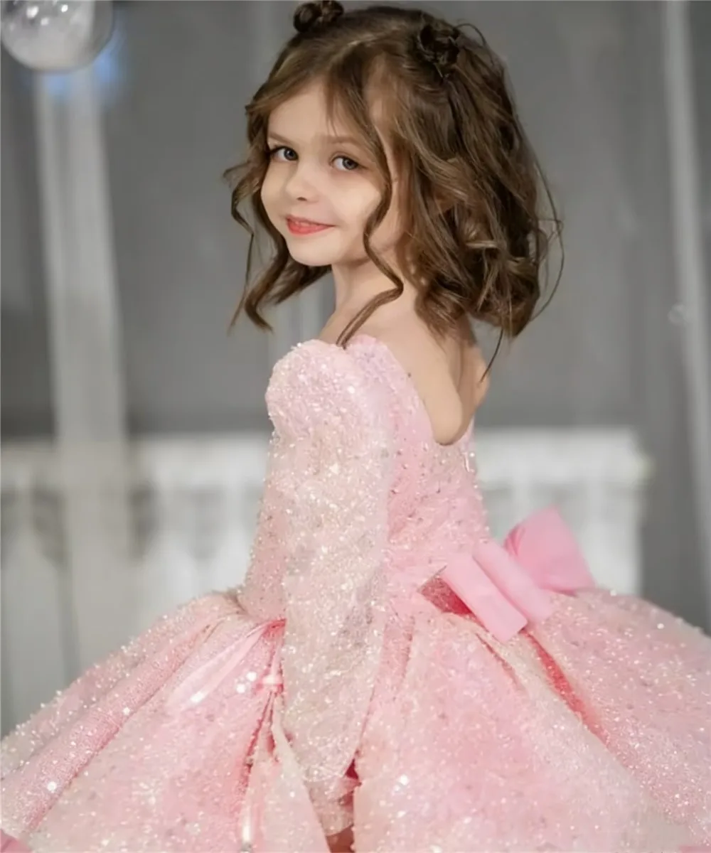 Luxe bloemenmeisje trouwjurk lovertjes met strik volledige mouwen knielengte kinderverjaardagsfeestje eerste communiejurk op maat