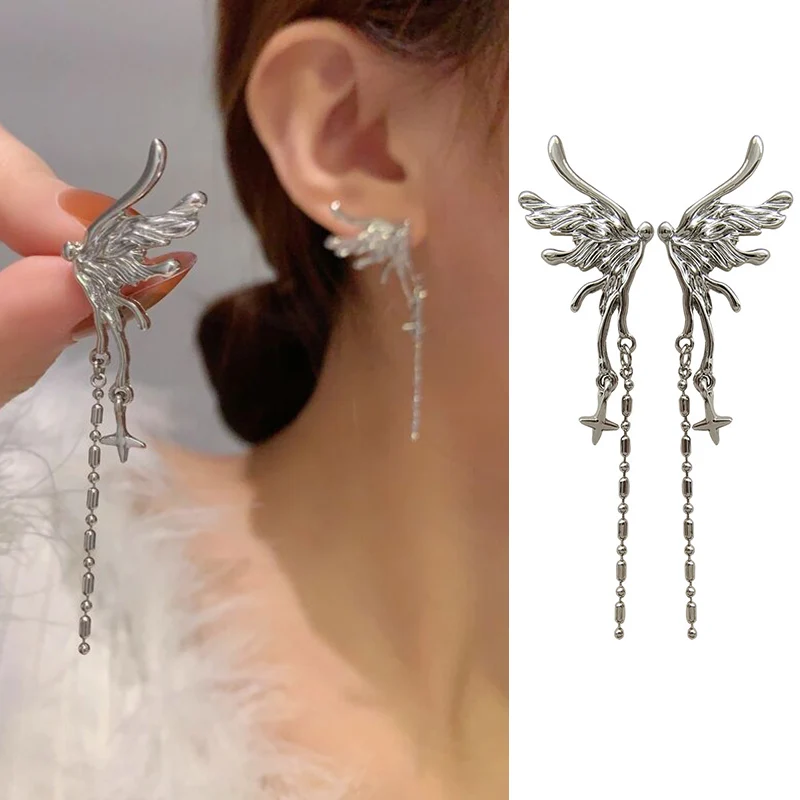 17KM Silver Color Angel Wings Stud Earrings Fashion Tassel Earring Set For Women Girls  2Pcs Cool Earring 2023 New Trend Jewelry