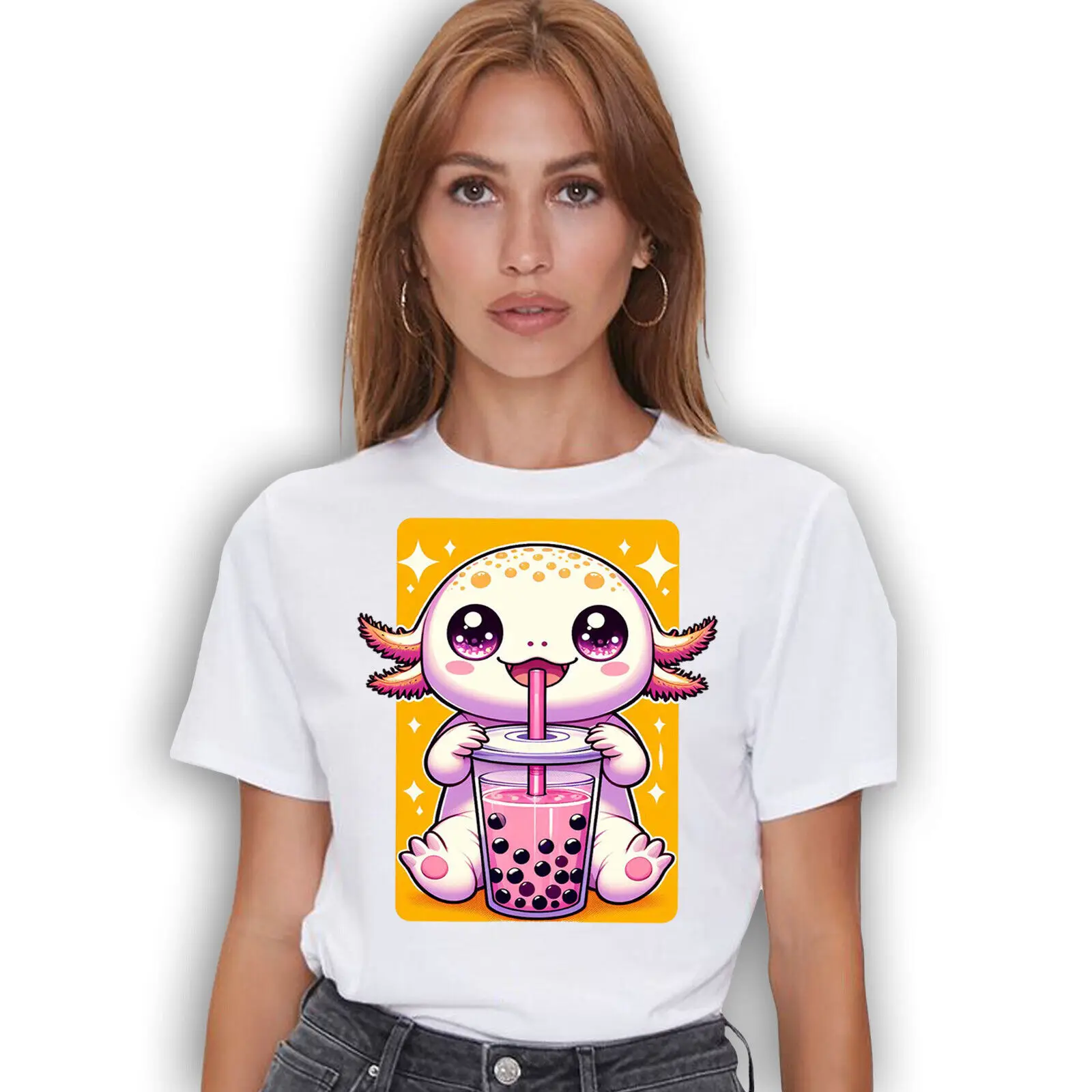 Cute Axolotl Bubble Boba Tea Love T-shirt - Novelty Kawaii Anime Graphic Tee