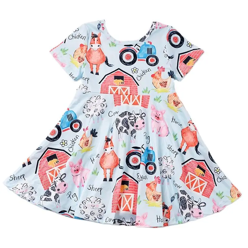 Spring Girls Easter Bunny Dresses Kids Clothing Floral Twirl Dress Children Farm Dresses