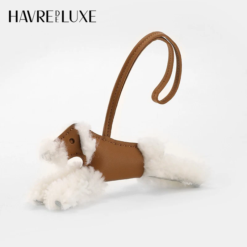 HAVREDELUXE Full hand-stitched sheepskin HHome Food basket bag Pegasus Budy Plush dog pendant genuine leather furry dog pendant