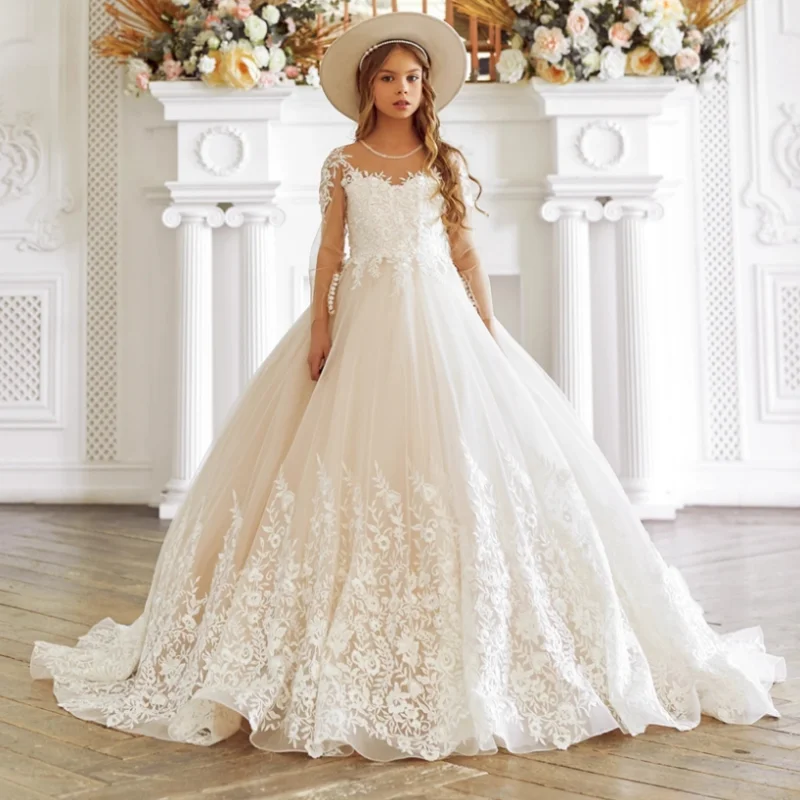 

Flower Girl Dresses For Wedding Prom Party Ivory Girls Pageant Gowns Lace Floral Appliques Kids Birthday Dress