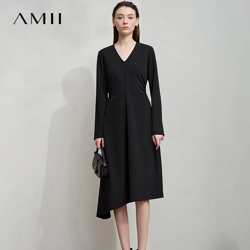 

AMII элегантное женское платье, осень 2022, новые минимализм, прямые платья миди, тонкая асимметричная трикотажная женская одежда 12543080