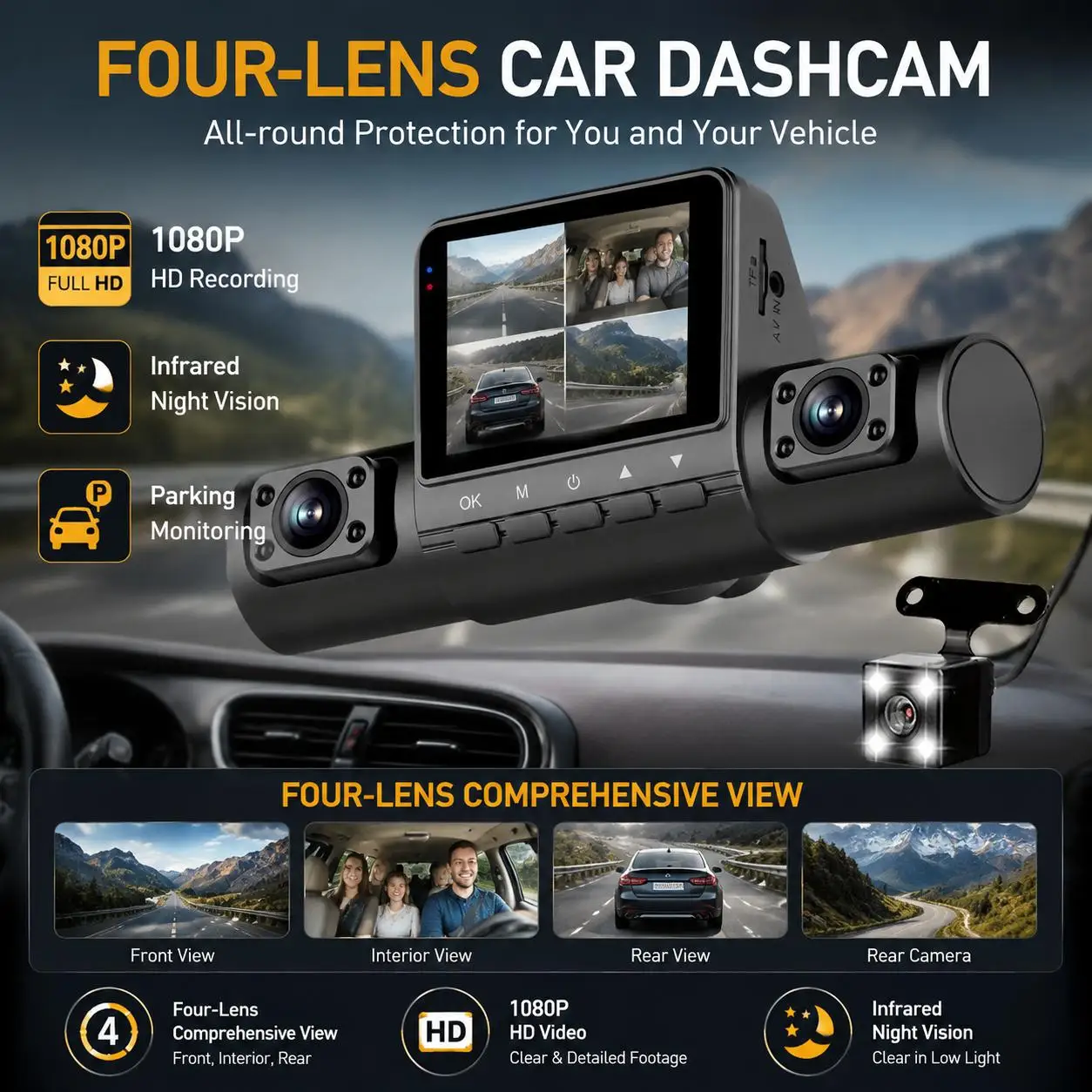 4 Lens Dash Cam 1080P Full HD 360 All Around View Car DVR 3 16 Inch IPS Screen Dashboard Camera Super Night Vision G Sensor Loop Recording Support Laptop Connection Professional Vehicle Driving Recorder Complete Interior Exterior Safety