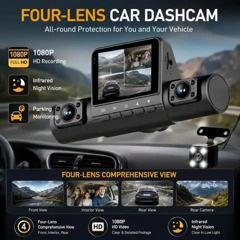 4 Lens Dash Cam 1080P Full HD 360 All Around View Car DVR 3 16 Inch IPS Screen Dashboard Camera Super Night Vision G Sensor Loop Recording Support Laptop Connection Professional Vehicle Driving Recorder Complete Interior Exterior Safety