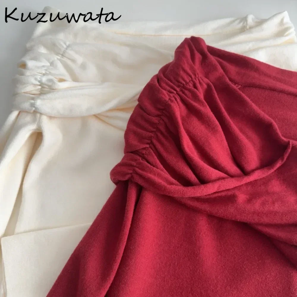 Kuzuwata Harajuku Sweet Bow Slash Neck Long Sleeve Jumper Off Shoulder Tie Kink Solid Pullover Japan Slim All-match Knit New Top