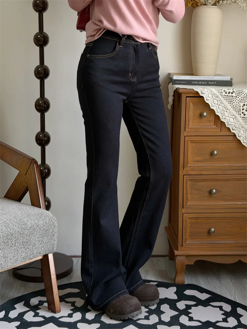 

Женские джинсы с высокой талией, на флисовой подкладке, утепленные, осенне-зимние, с высокой эластичностью, микро-клеш, из хлопкового денима, в гонконгском стиле